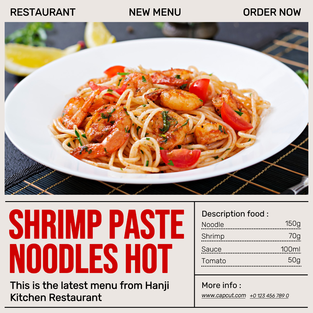 Pasta de Camarones Fideos Producto Caliente Pantalla Instagram Post Crem Rojo Minimalista