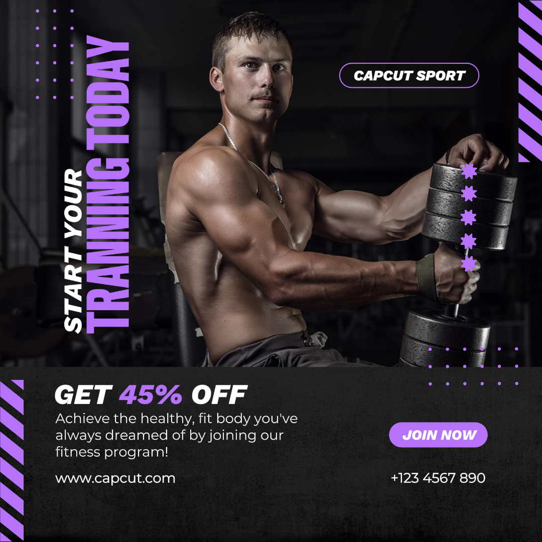 Póster De Marketing De Entrenamiento Y Fitness Comienza Tu Tranning Hoy Descuento Instagram Post Púrpura