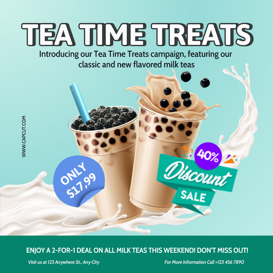 Comercialización de alimentos y bebidas Promoción de carteles Venta de té con leche Publicación de Instagram