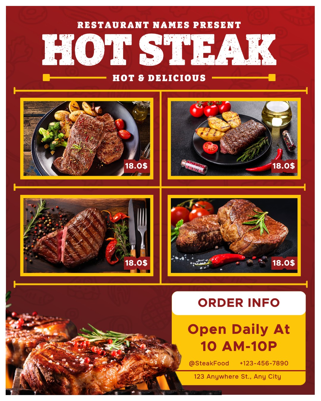 Business promotion Minimalist HOT STEAK menu design for Instagram Portrait