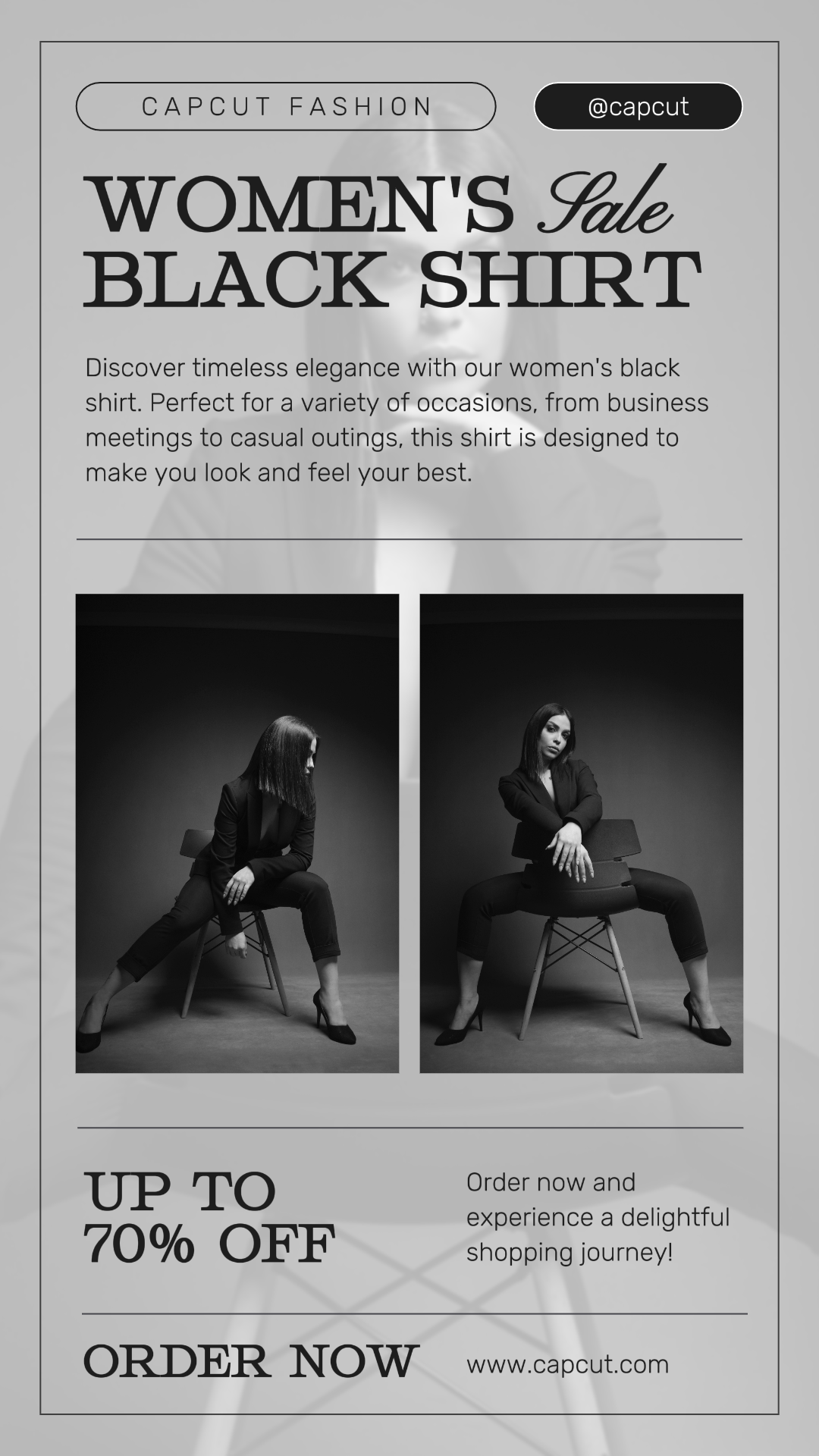 Kleidung und Schuhe Marketing Poster Damen Schwarzes Shirt Instagram Story Minimalistisch Schwarz