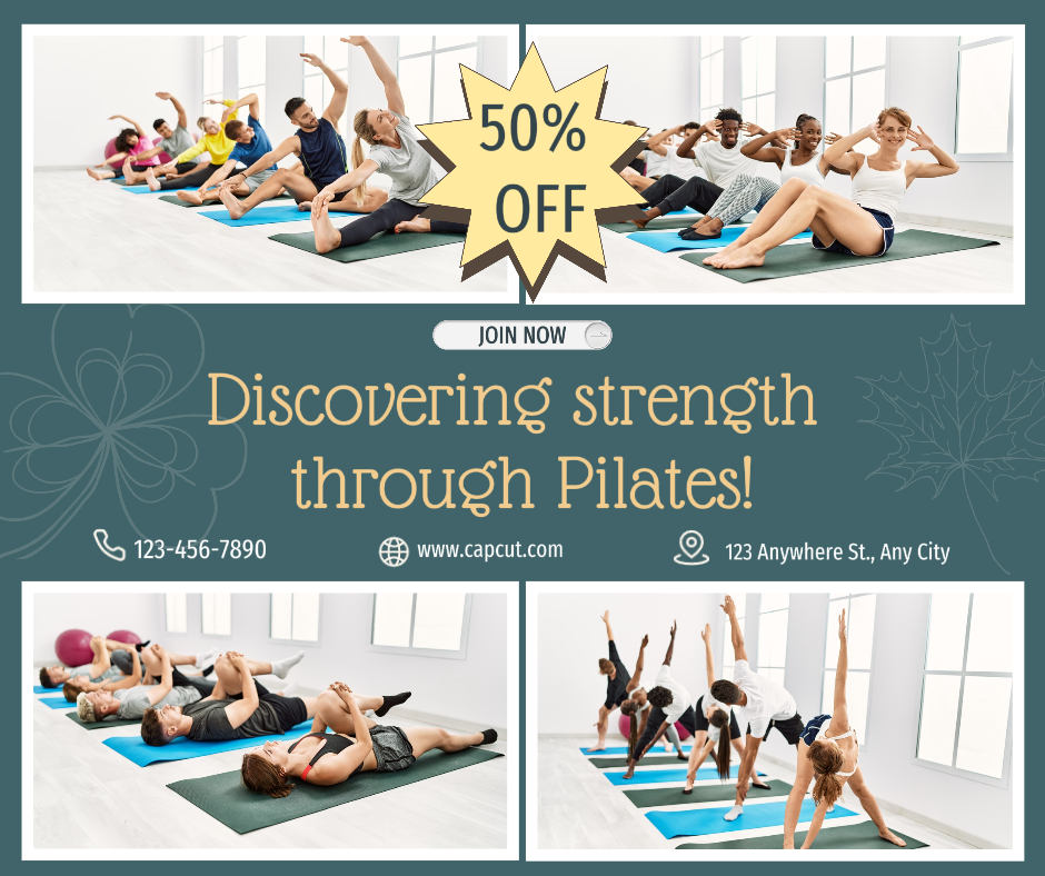 Entrenamiento y Fitness -Cartel de marketing Publicación de Facebook ¡Descubriendo la fuerza a través de Pilates!