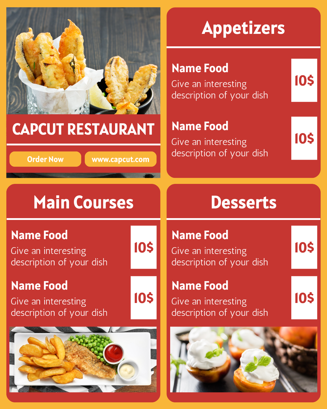 Fish and Chips food menu template design for Instagram Portrait size business needs