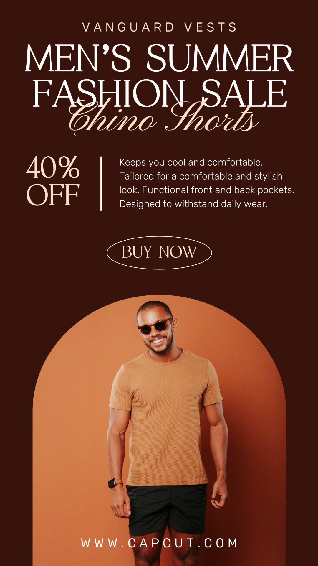 Cartel de marketing de ropa y zapatos Pantalones cortos chinos Historia de Instagram Marrón