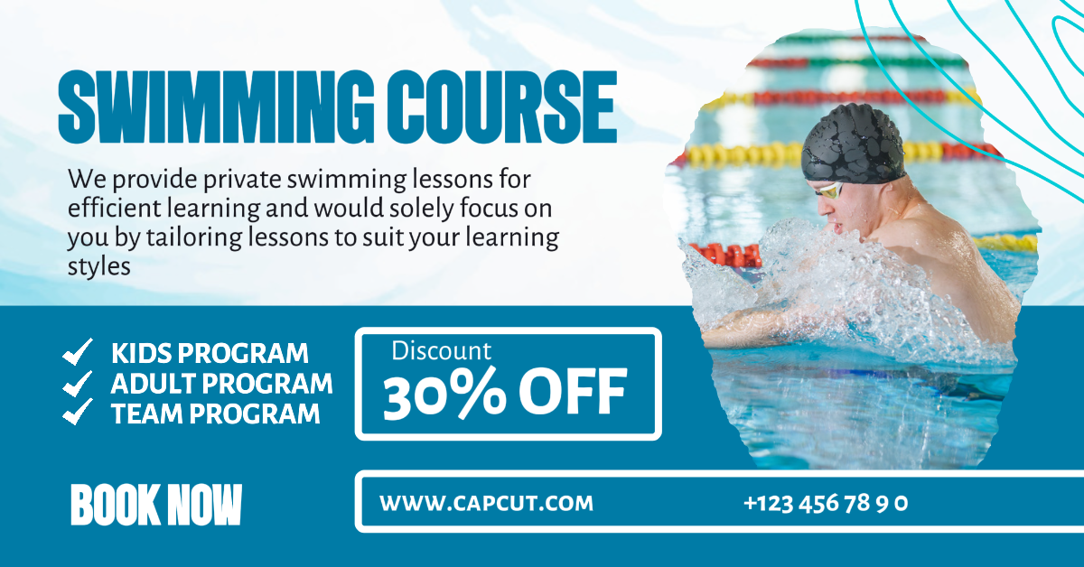 Facebook ads, Training, swimming courses, modern minimalist, blue white, banner