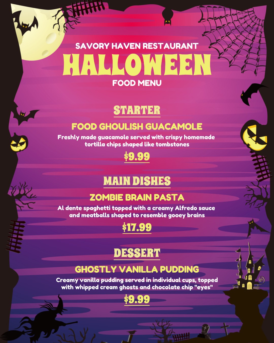 Menú de comida de Halloween para publicación de Instagram