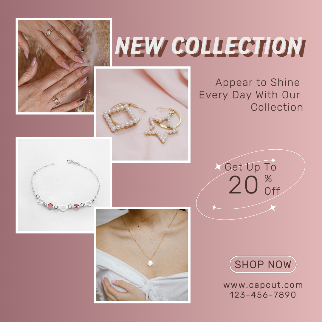Jewelry and accessories Marketing poster Instagram post New collection Pink Minimalist