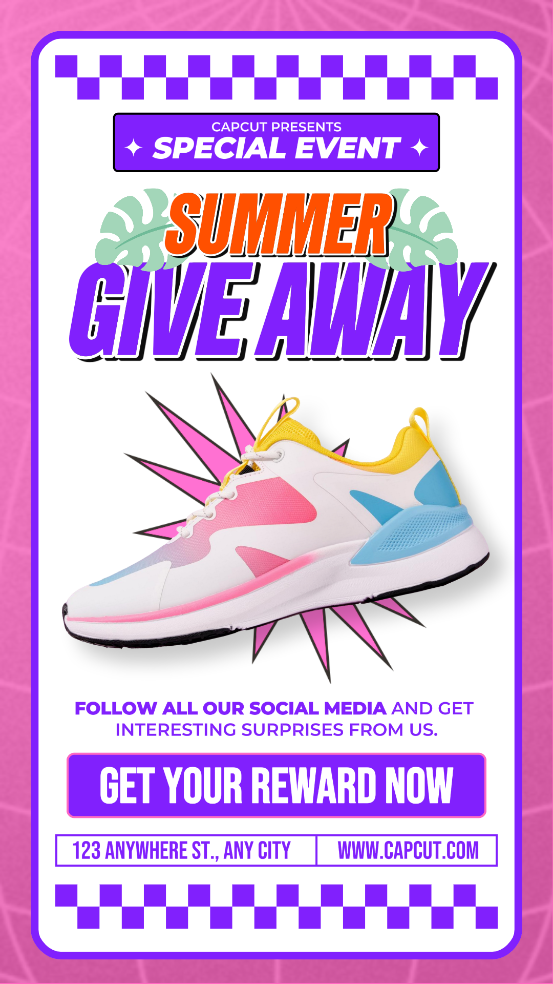 Affiche de marketing de vêtements et de chaussures événement spécial été Offrez une histoire Instagram Pop Art rose violet