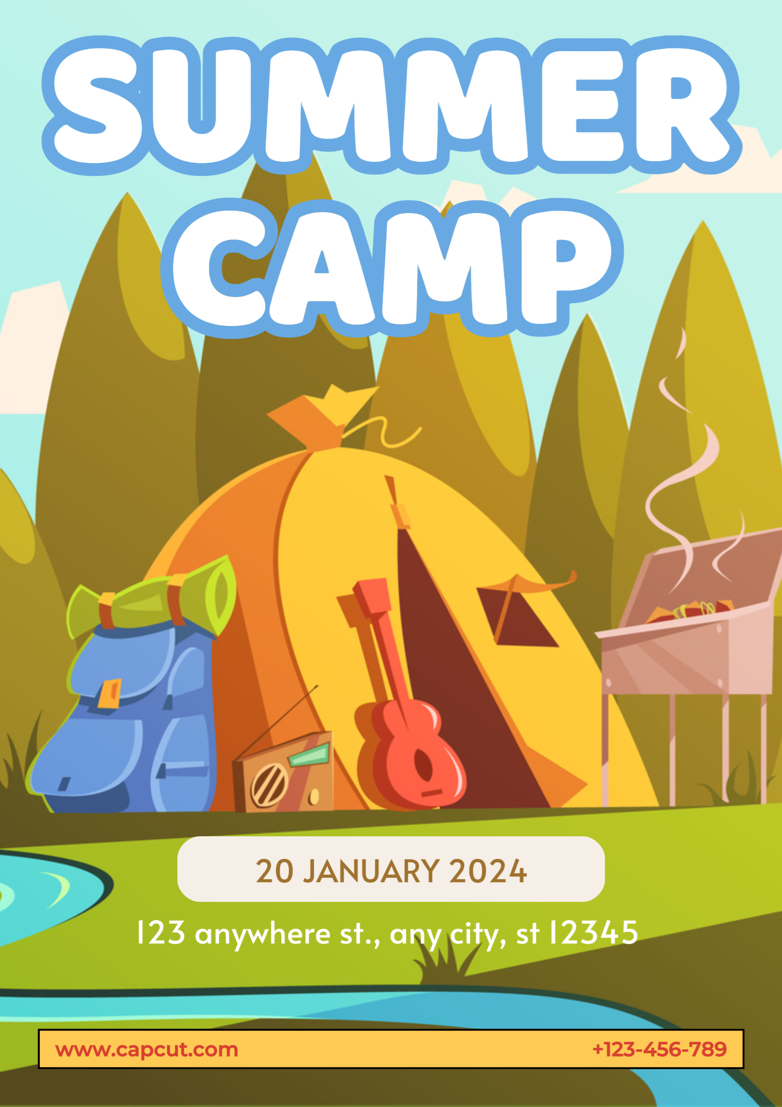 Póster de campus sin marketing, curación de campamento de verano