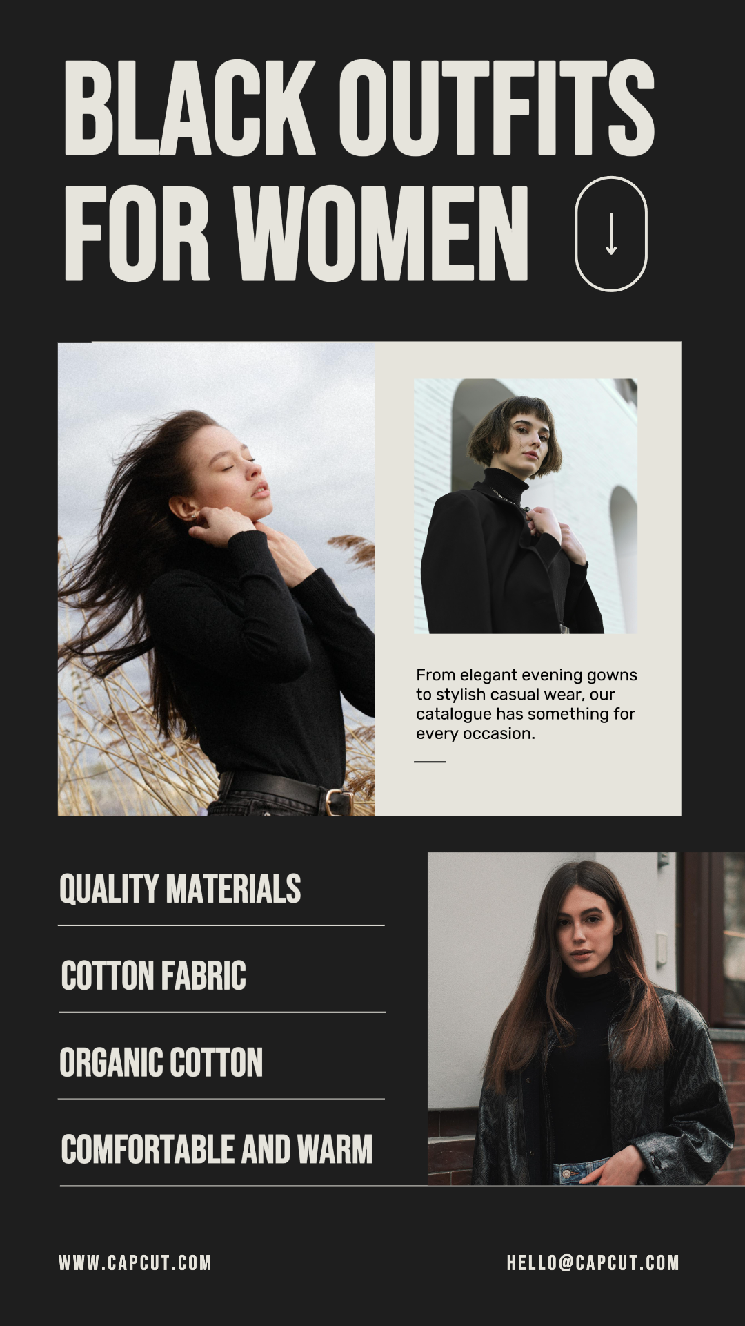 Clothing Marketing Poster Black Outfits for Women Product Display Instagram Story Dark Background