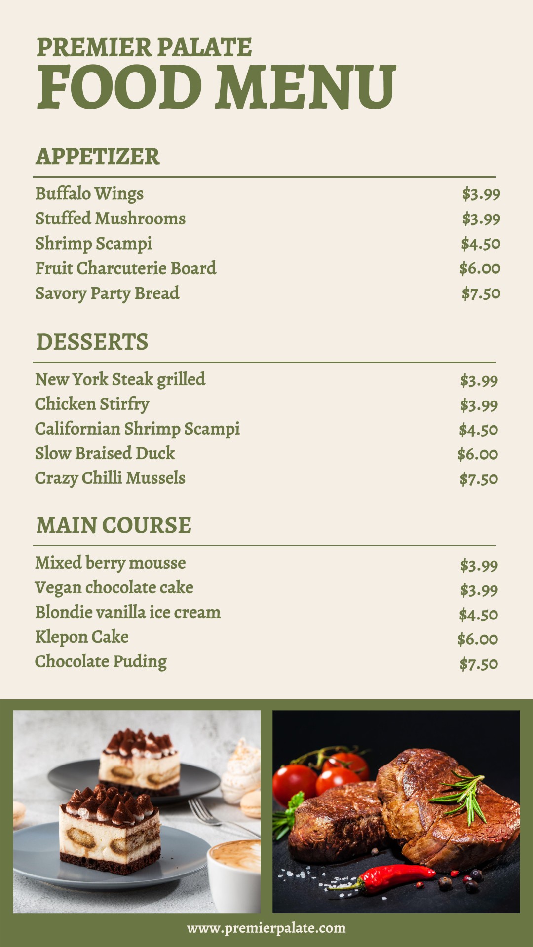 Restauration et boissons Menu Restaurant 