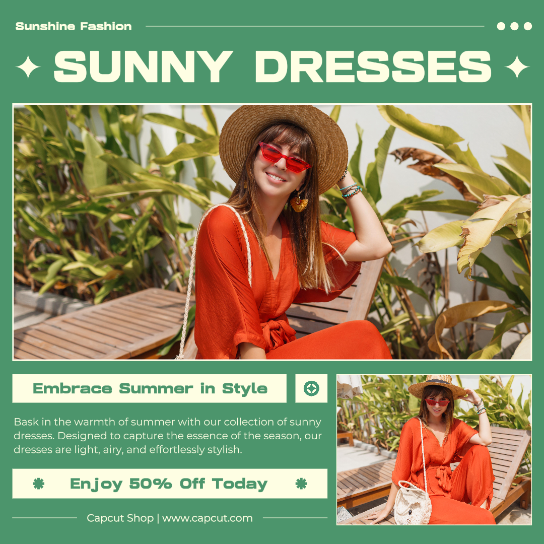 Pôster de Marketing de Roupas e Calçados Instagram Post Vestido de Verão Estilo Verde