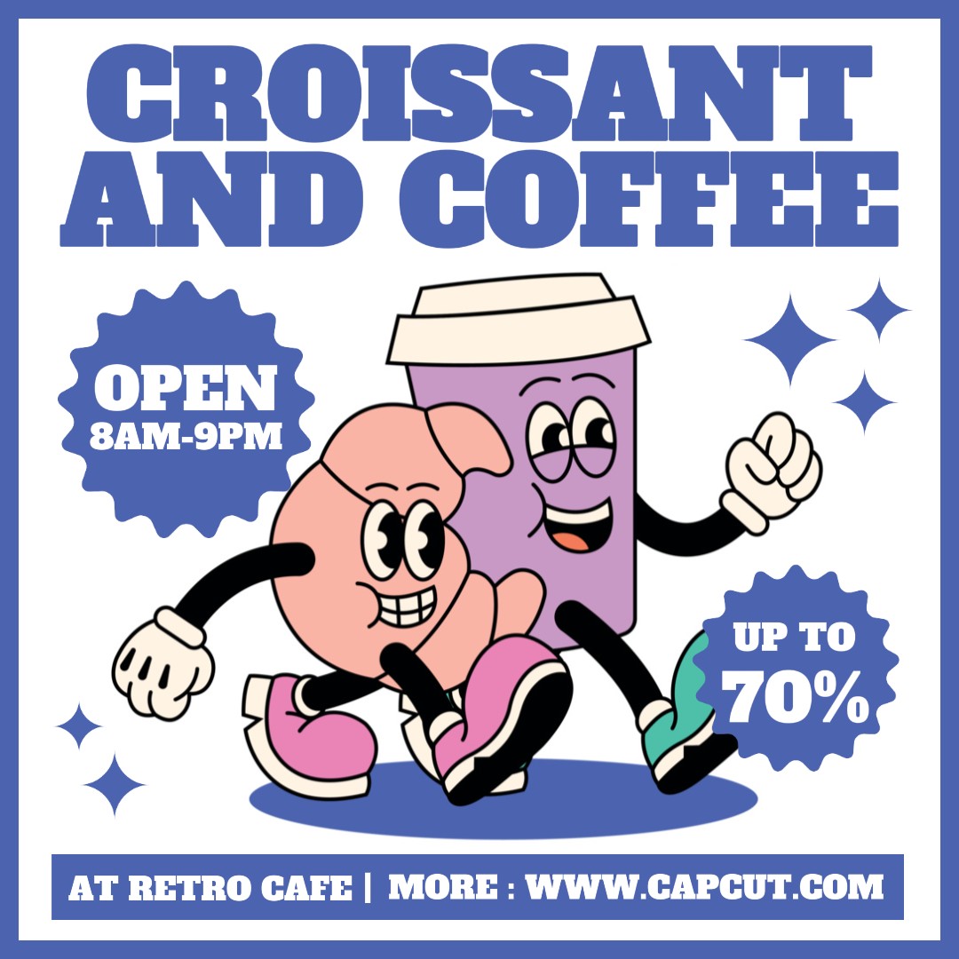 Café Croissant Retro Promoção Café Post Instagram Blue Flat