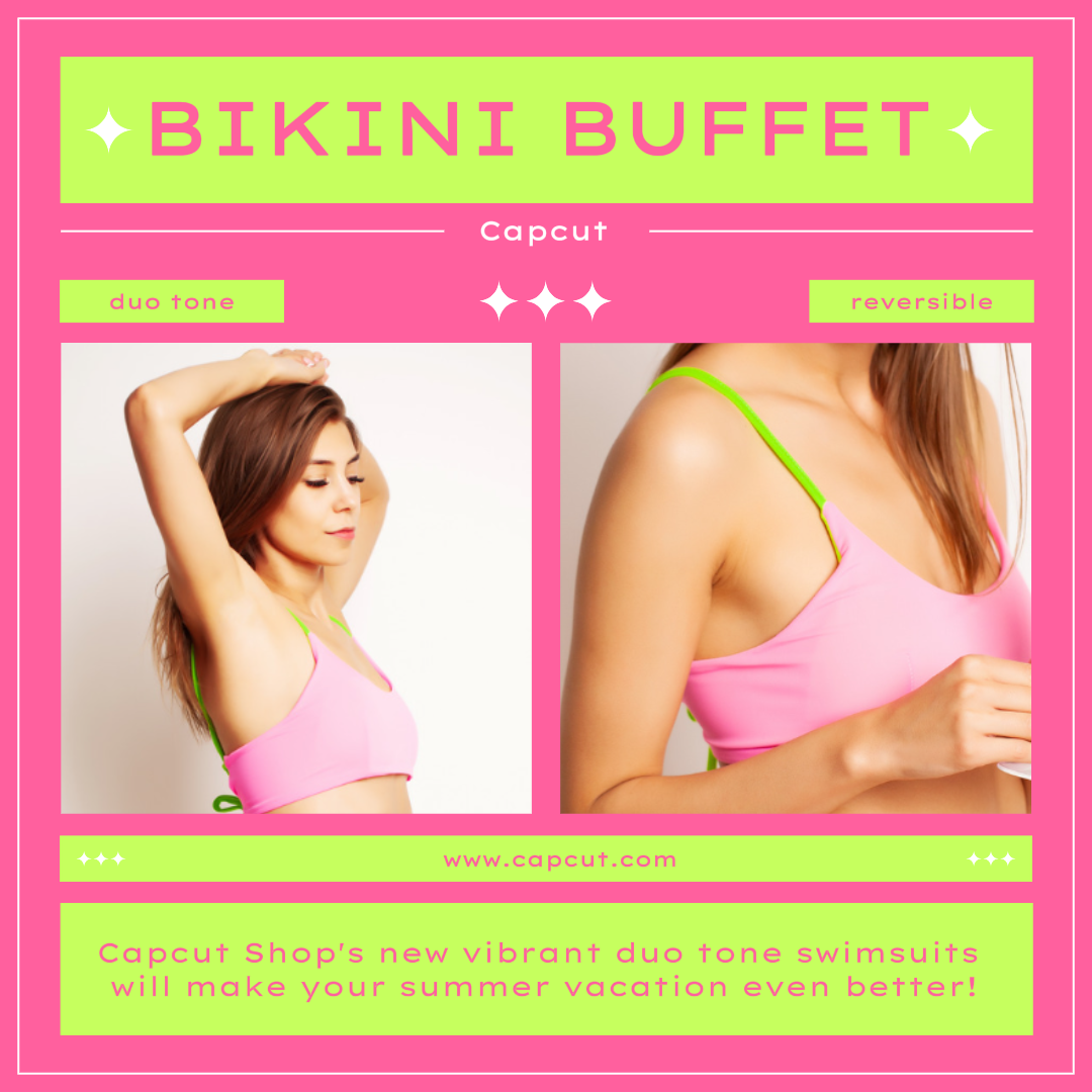 Pôster de Marketing de Roupas Estilo Atraente IG Post Biquíni Buffet Rosa e Verde 