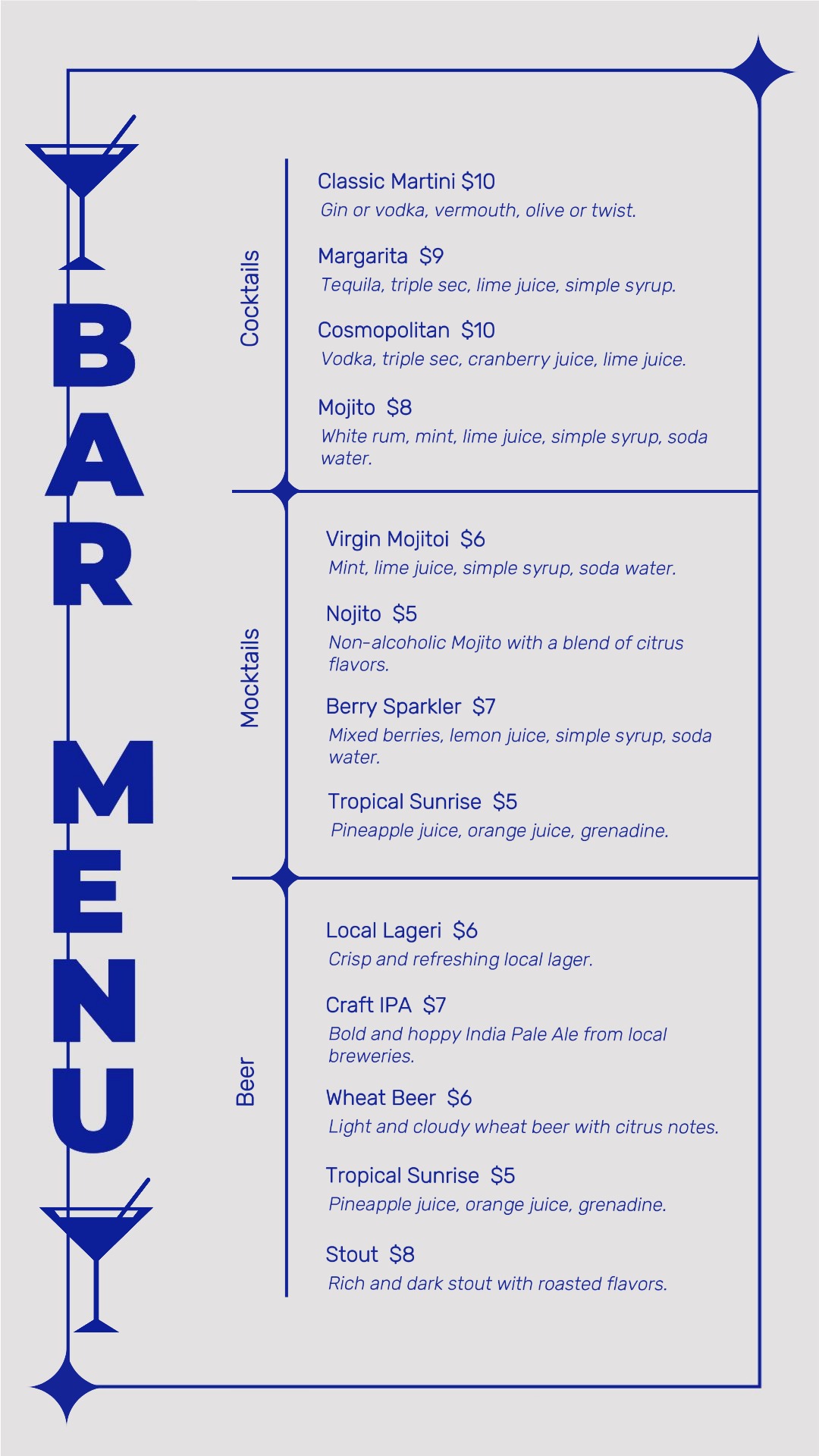 Bar menu design with instagram story size