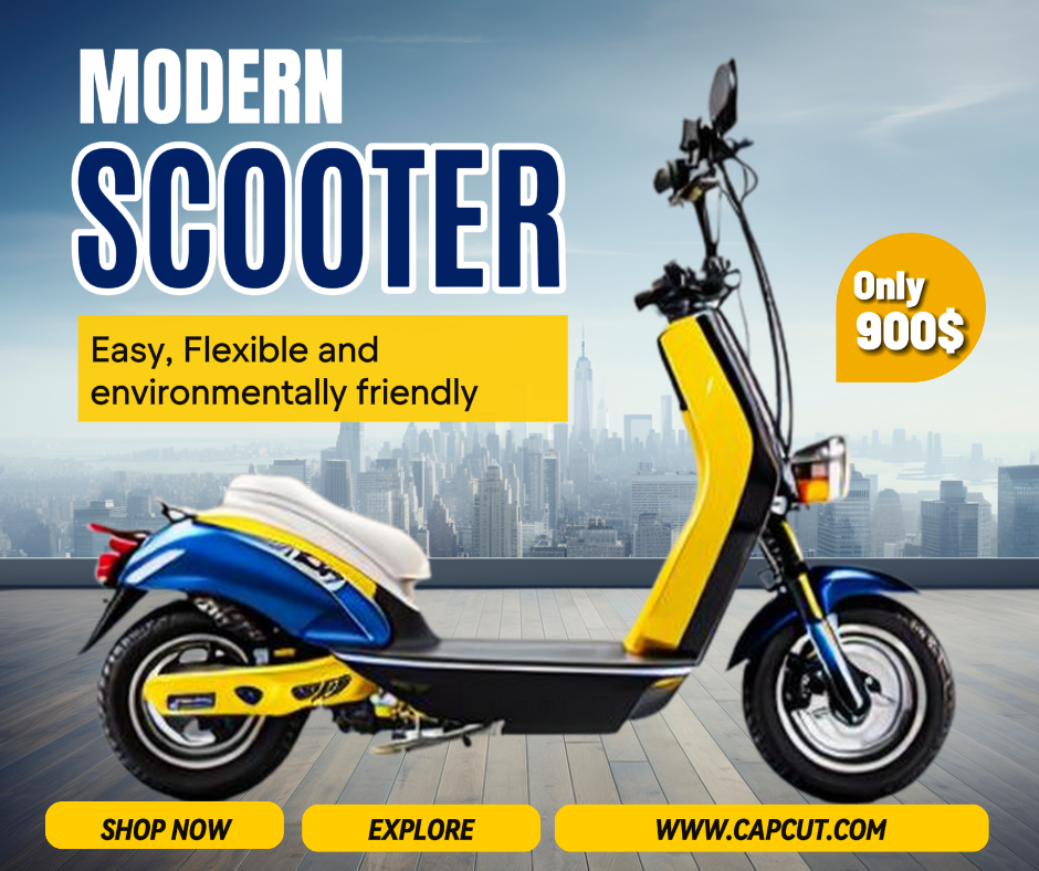Electronic products, Modern scooter, Yellow Blue Minimalist, Facebook post