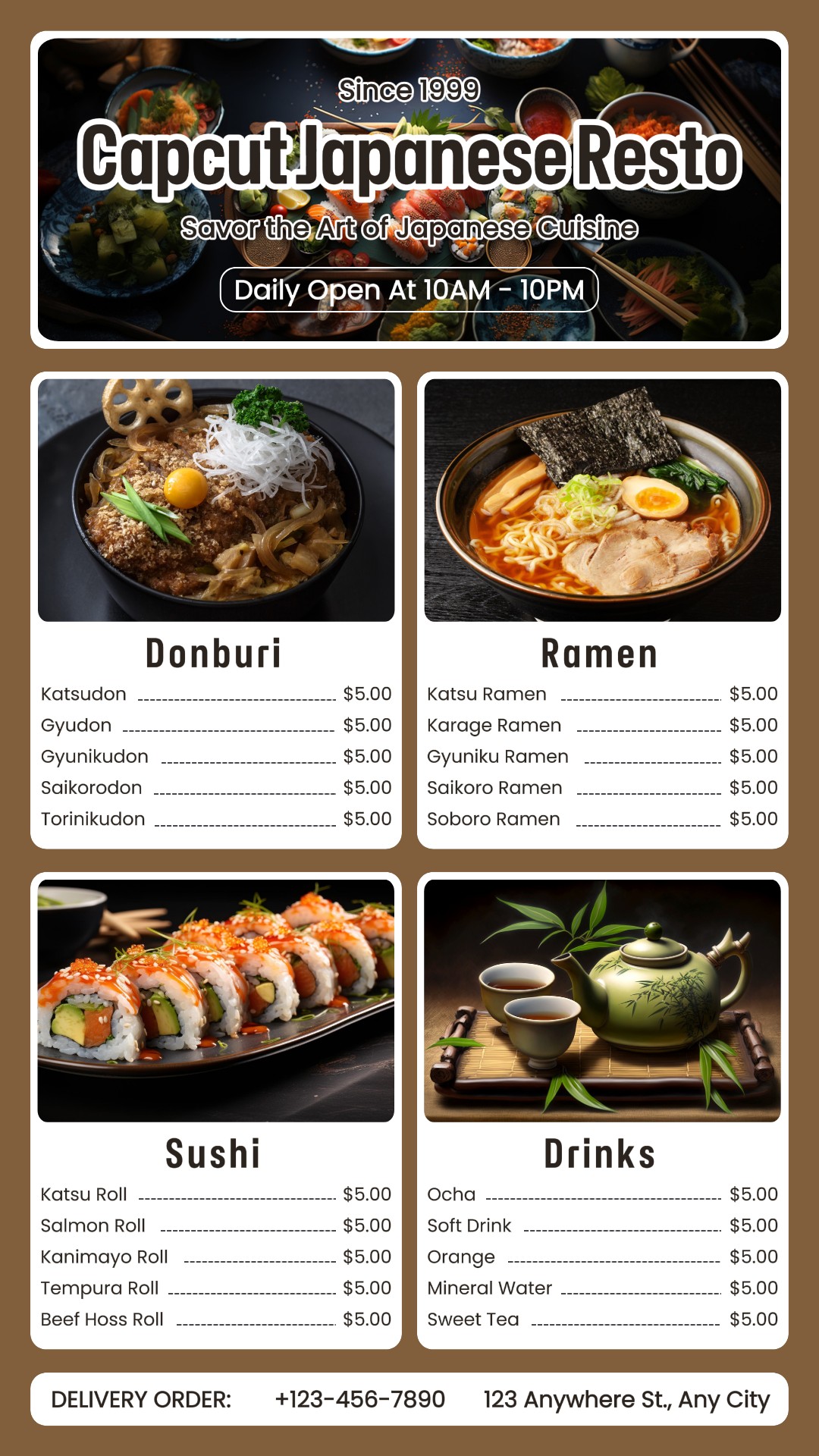 Menu de restaurant japonais Histoire Instagram