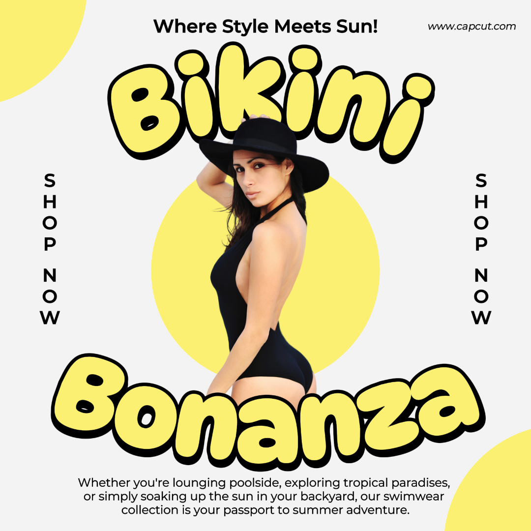 Cartel de marketing de ropa Pantalla de producto para ropa de verano IG post Traje de baño negro llamativo