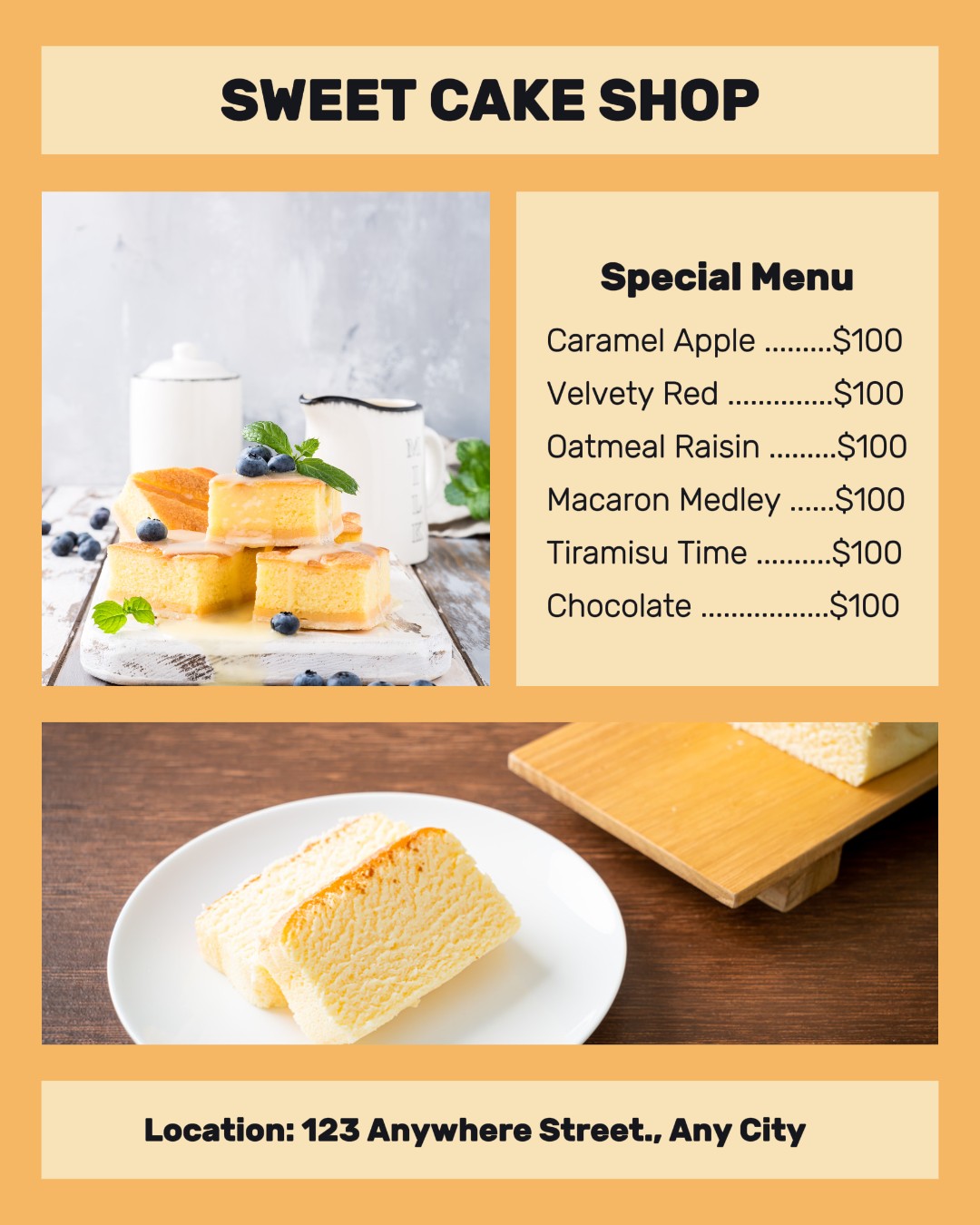 Menu de la boutique de gâteaux sucrés