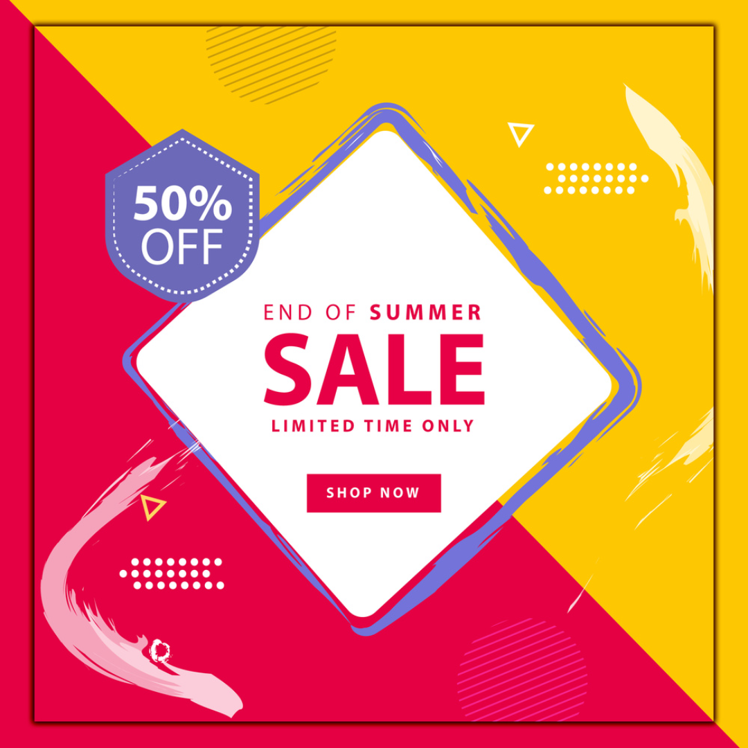 Cartel de marketing de rebajas de verano para publicación de instagram, caja roja y amarilla en el centro
