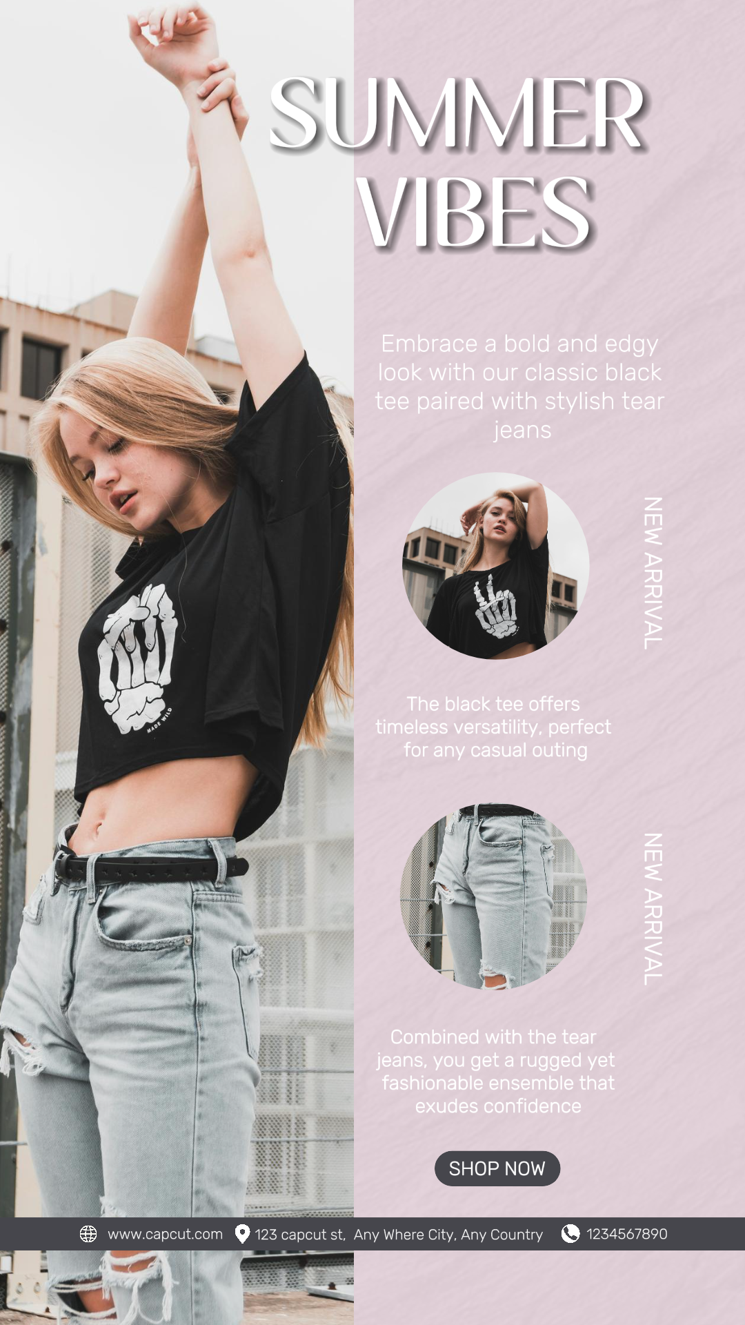 Clothing and Shoes, Marketing Poster, Instagram Story, Product Display for Summer Clothes. Jean tee