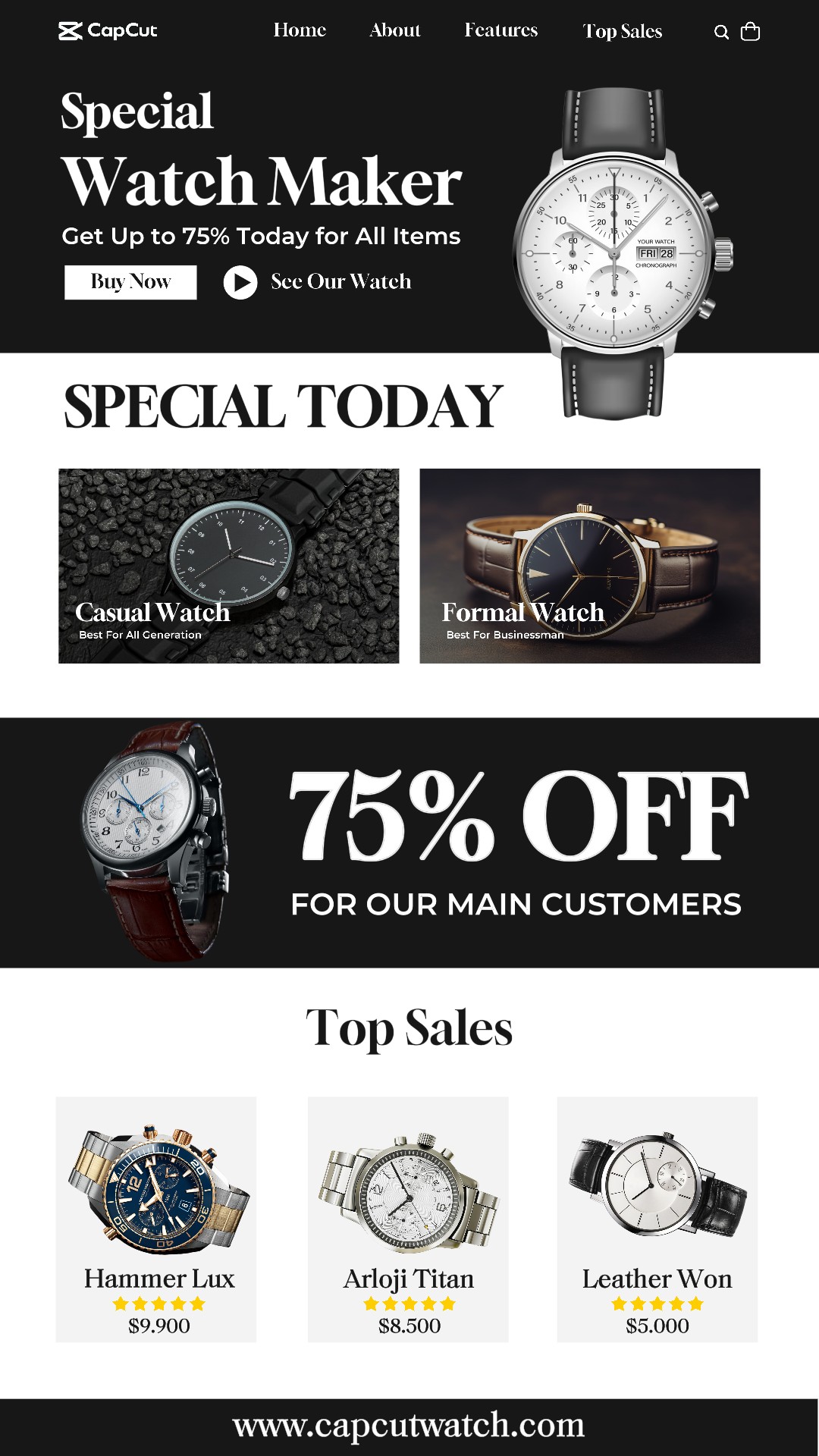 Página de promoção de relógios de moda