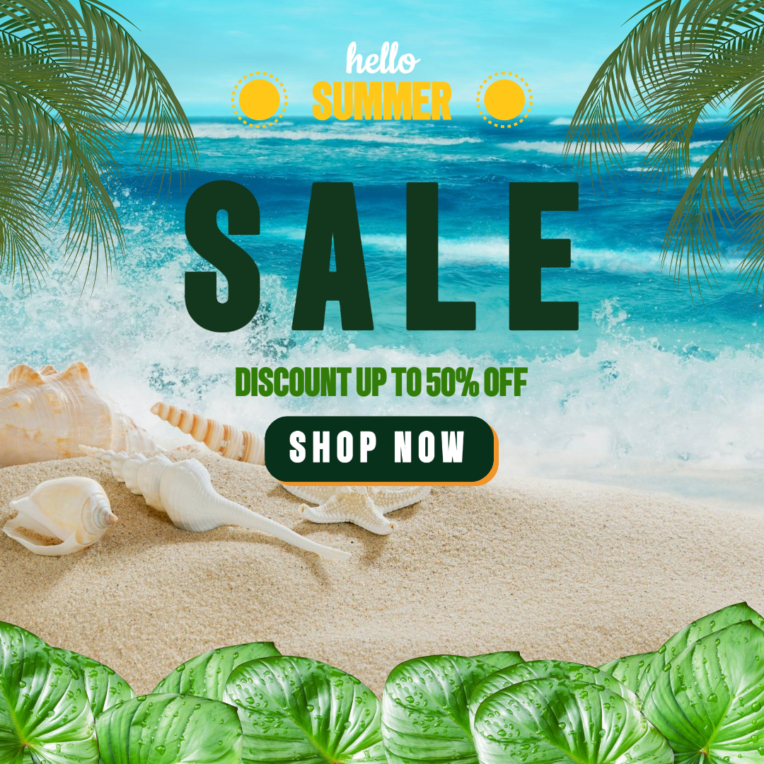 여름 세일 마케팅 포스터 인스타그램 포스트 비치 배경과 그린 리프