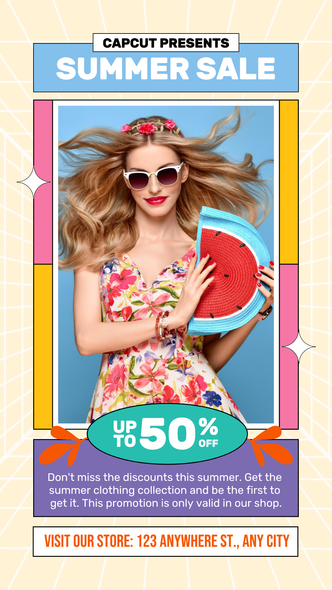 Pôster de Marketing de Roupas e Calçados Venda de Verão Desconto Instagram Story Pop Art Style