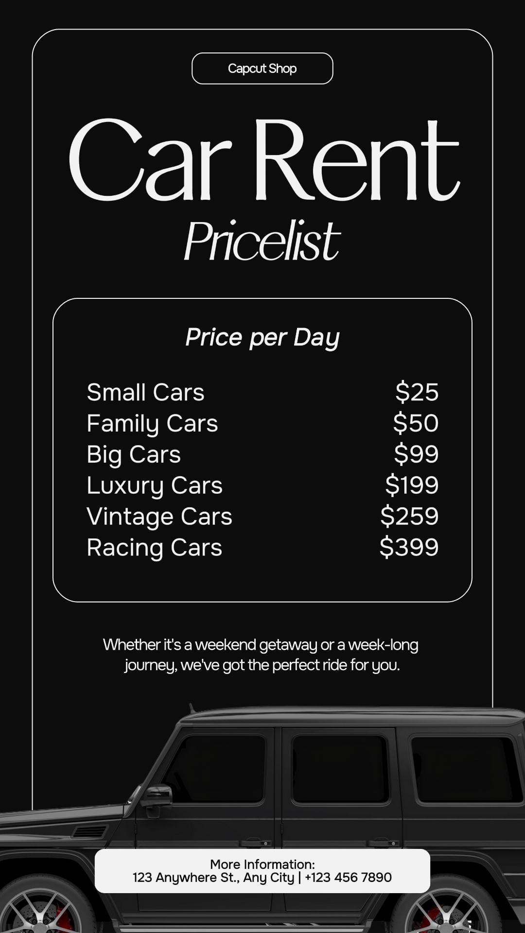 Cars - Marketing Poster Car Rent Instagram Story Schwarz und Weiß