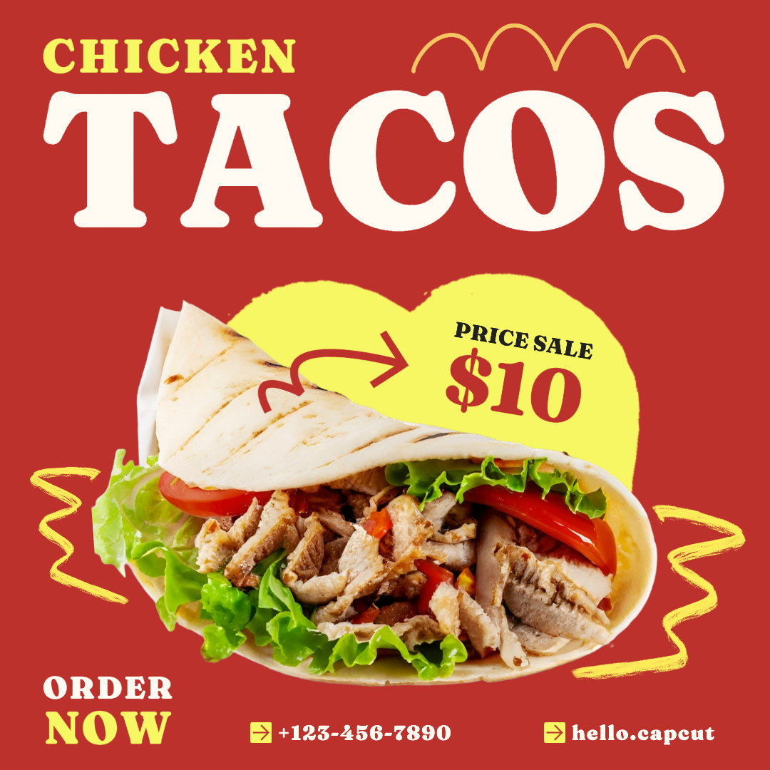 Pantalla de tacos de comida Fondo rojo con línea amarilla estilo simple