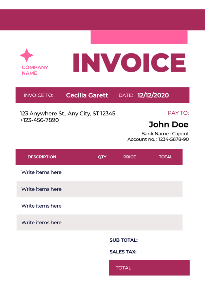Invoice Red Violet and Pink 