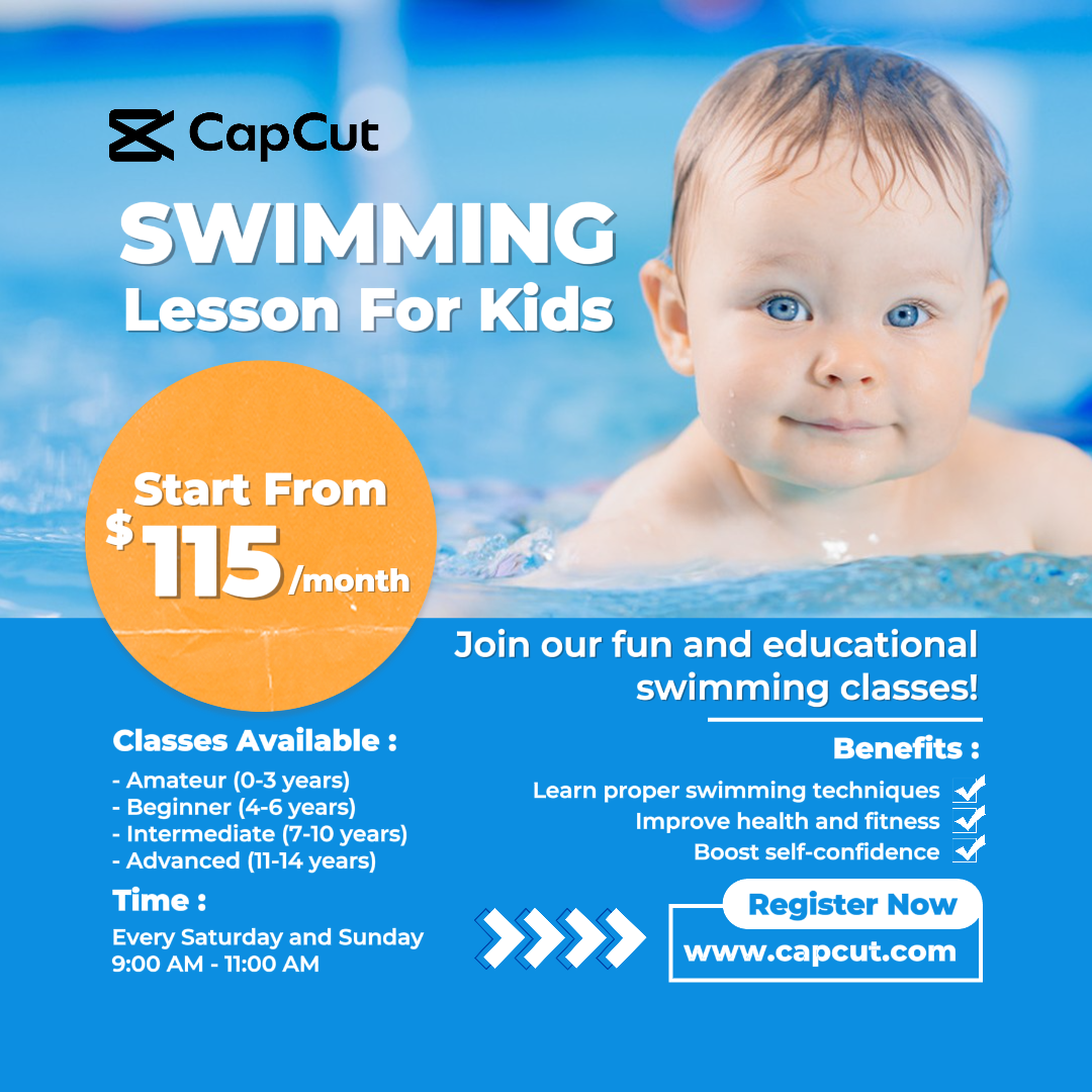 Cours de piscine de sport et de match pour les enfants Affiche marketing Instagram Post bleu