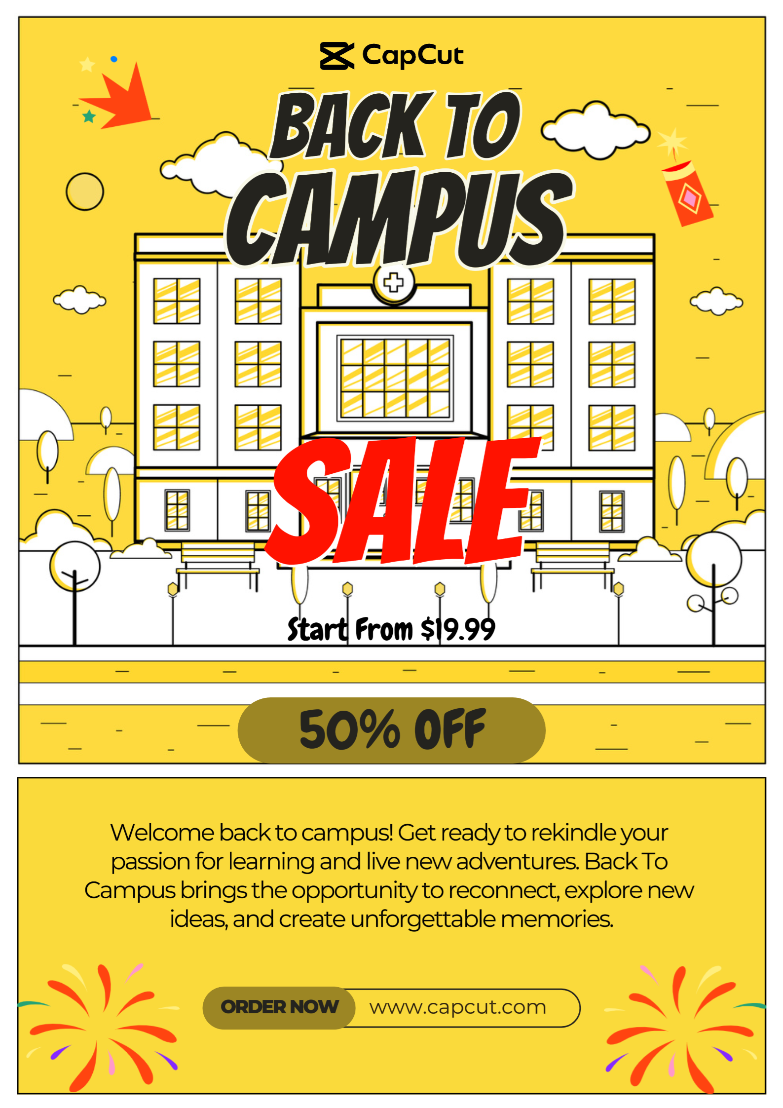 Affiche jaune d'animation 2D de retour sur le campus