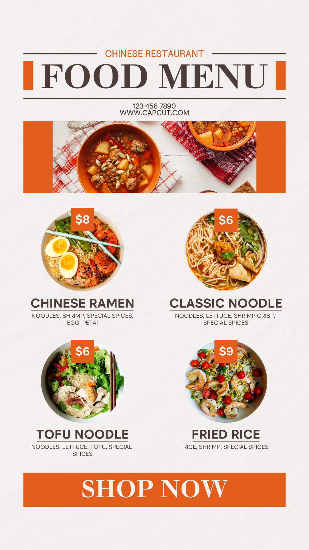 Post de história no Instagram do menu de comida chinesa