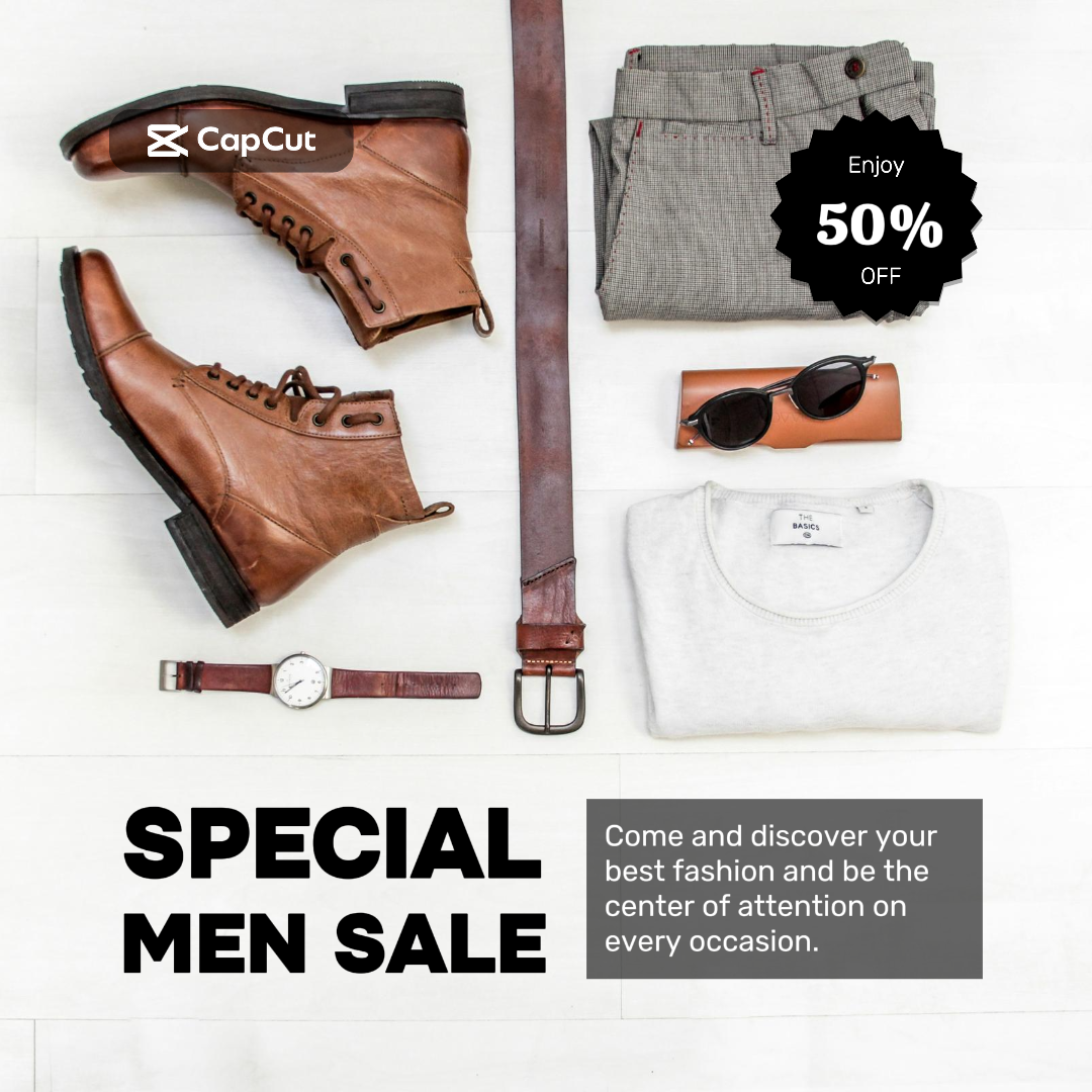 Ropa y Zapatos Cartel de Marketing Instagram Post Hombres Día Venta Negro Blanco Pegatina 50% de Descuento