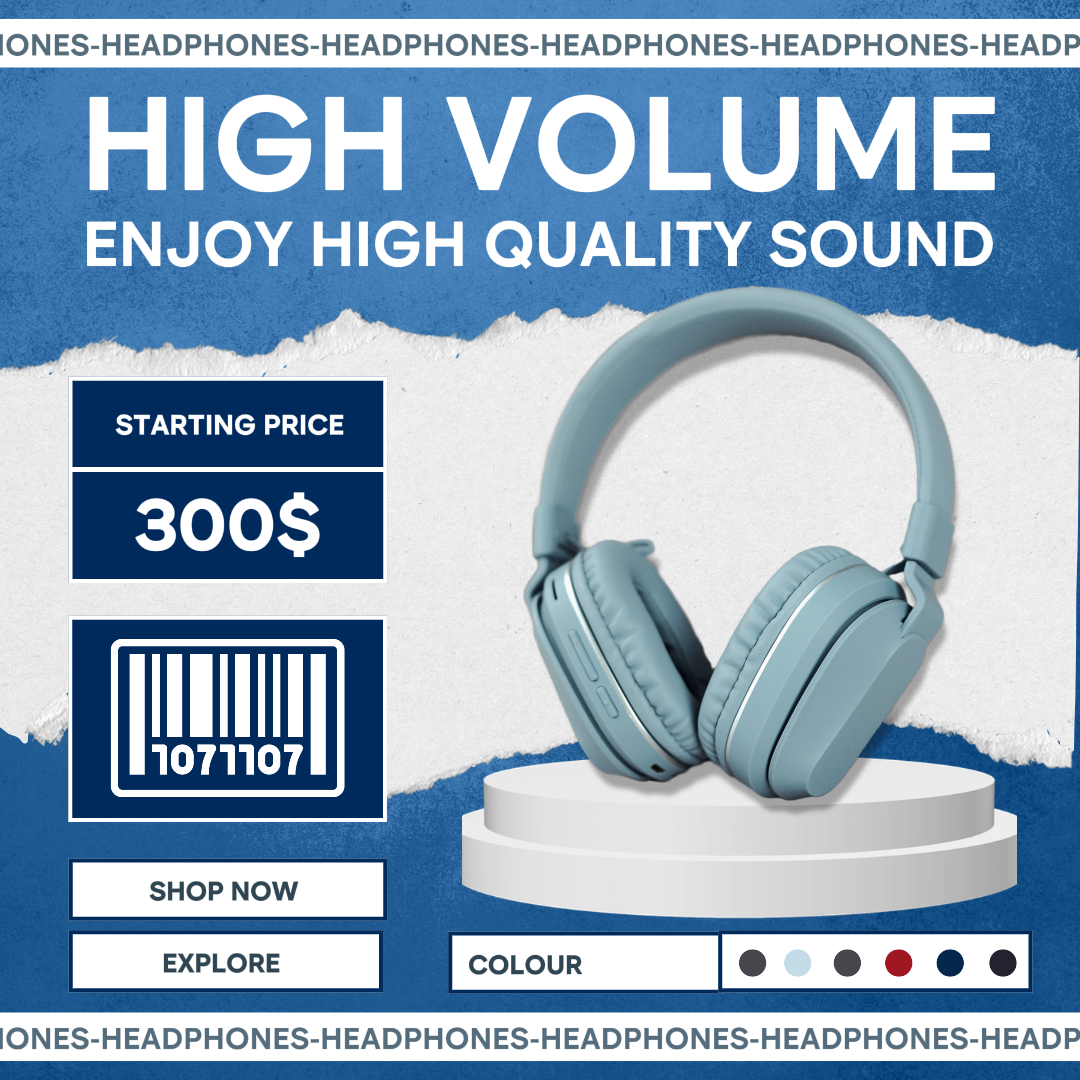 Template tampilan promosi bisnis elektronik, headphone tema biru lembut untuk posting instagram