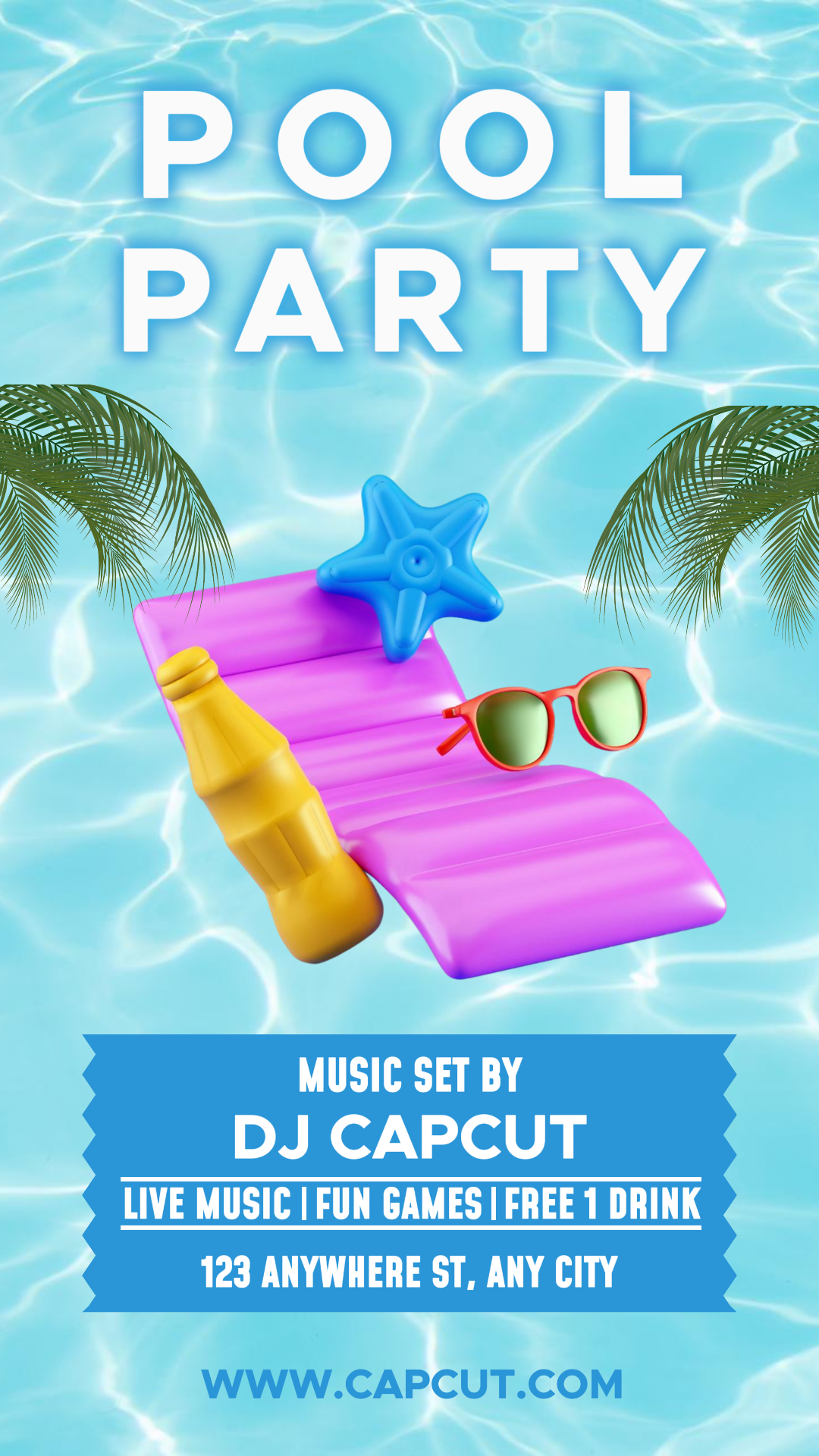 Deportes y partido fiesta en la piscina cartel creativo historia de instagram azul y rosa