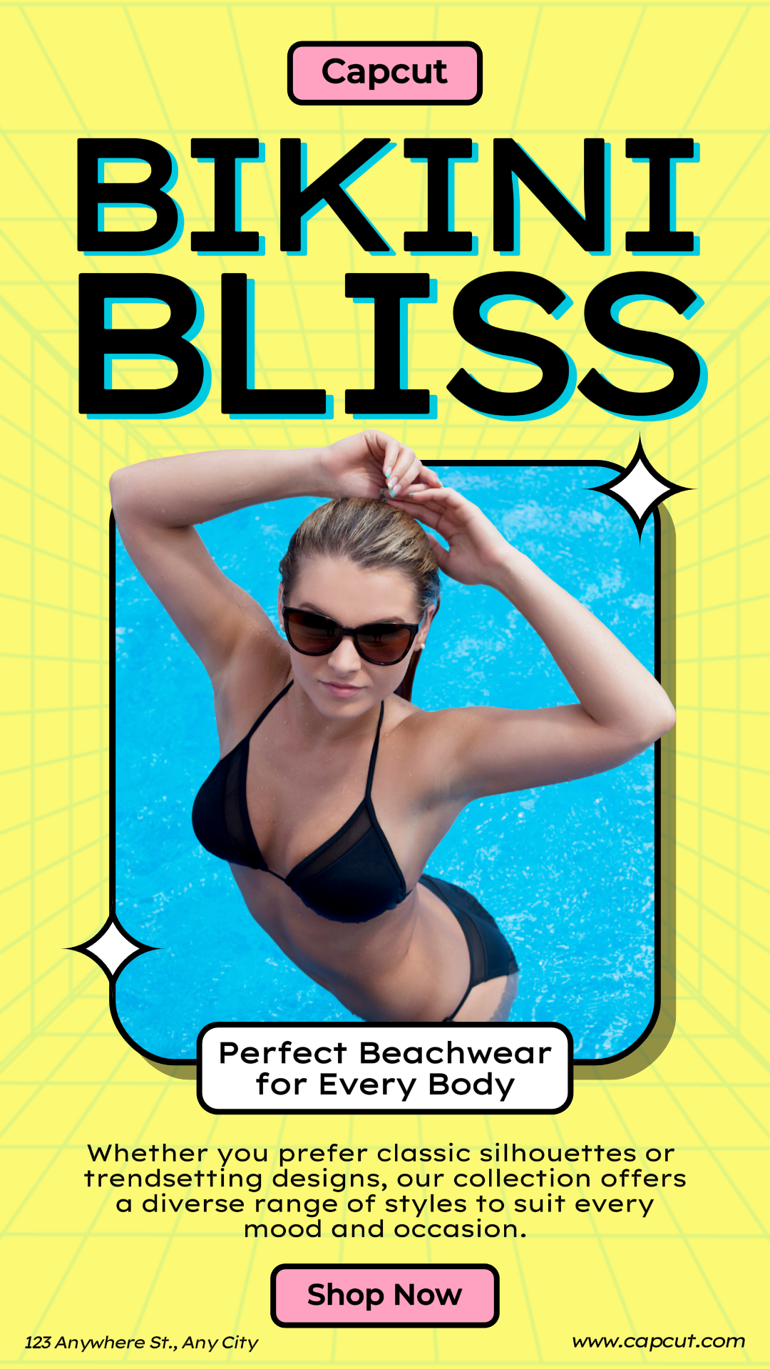 Cartel de marketing de ropa Pantalla de producto para ropa de verano IG story Traje de baño negro llamativo