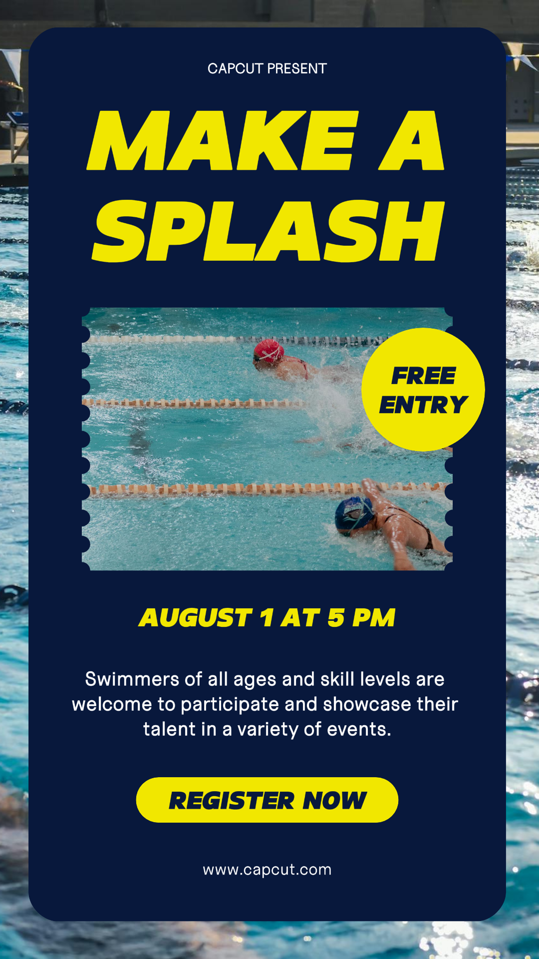 Sports et Match Affiche créative Instagram Story Tournoi de natation Jaune Bleu Simple