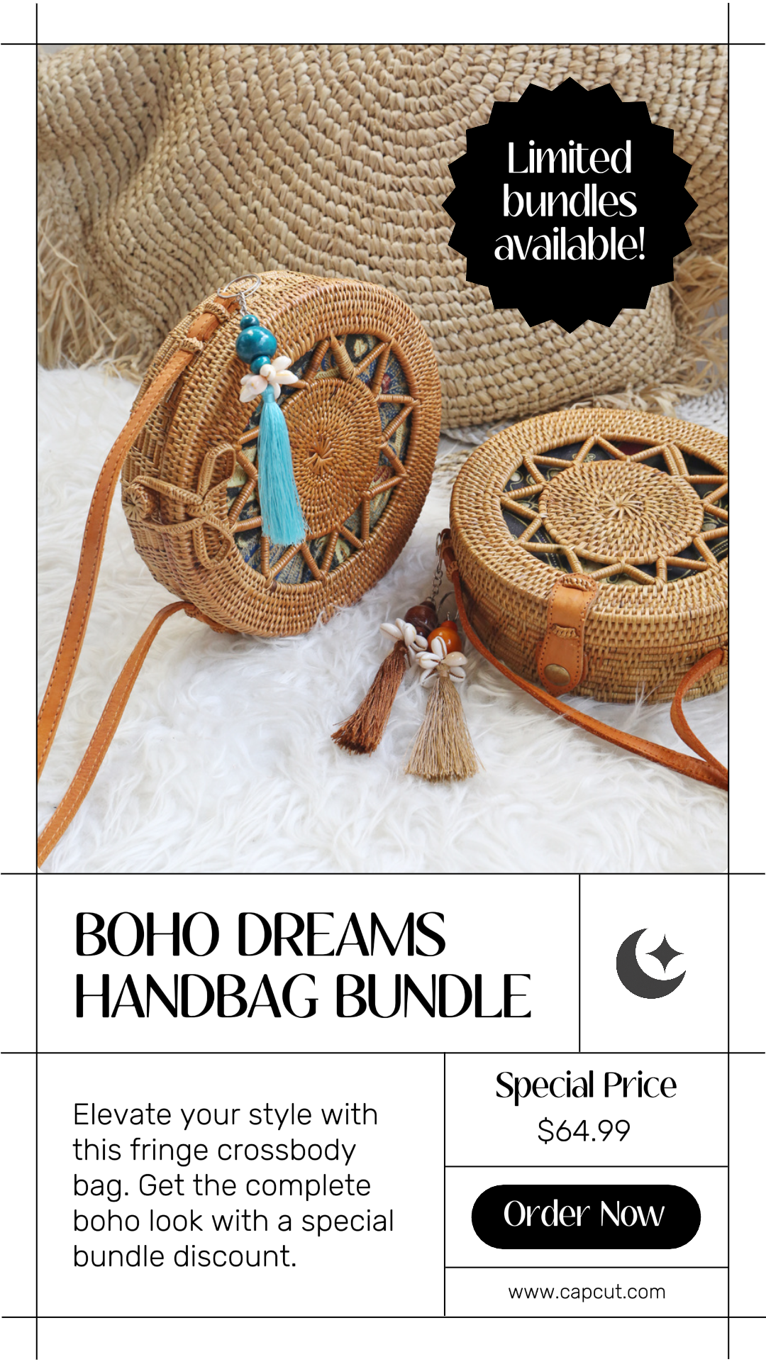 Acessórios Bolsa Boho Promoção Instagram Story Preto Branco Minimalista