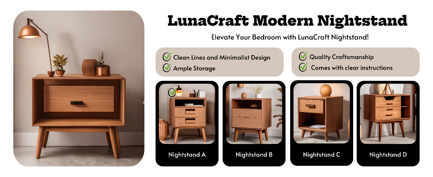 Page de détail de la table de chevet moderne LunaCraft pour le commerce électronique