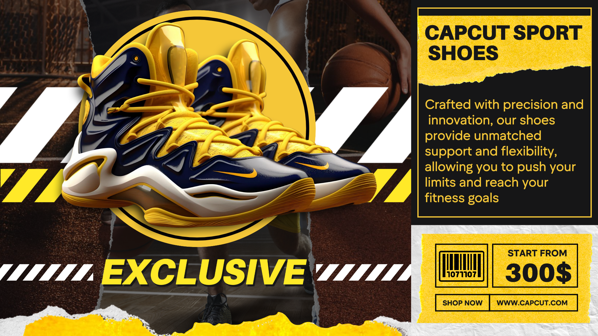 Promoção de negócios de tênis de basquete editável com modelo preto amarelo para promoção de negócios