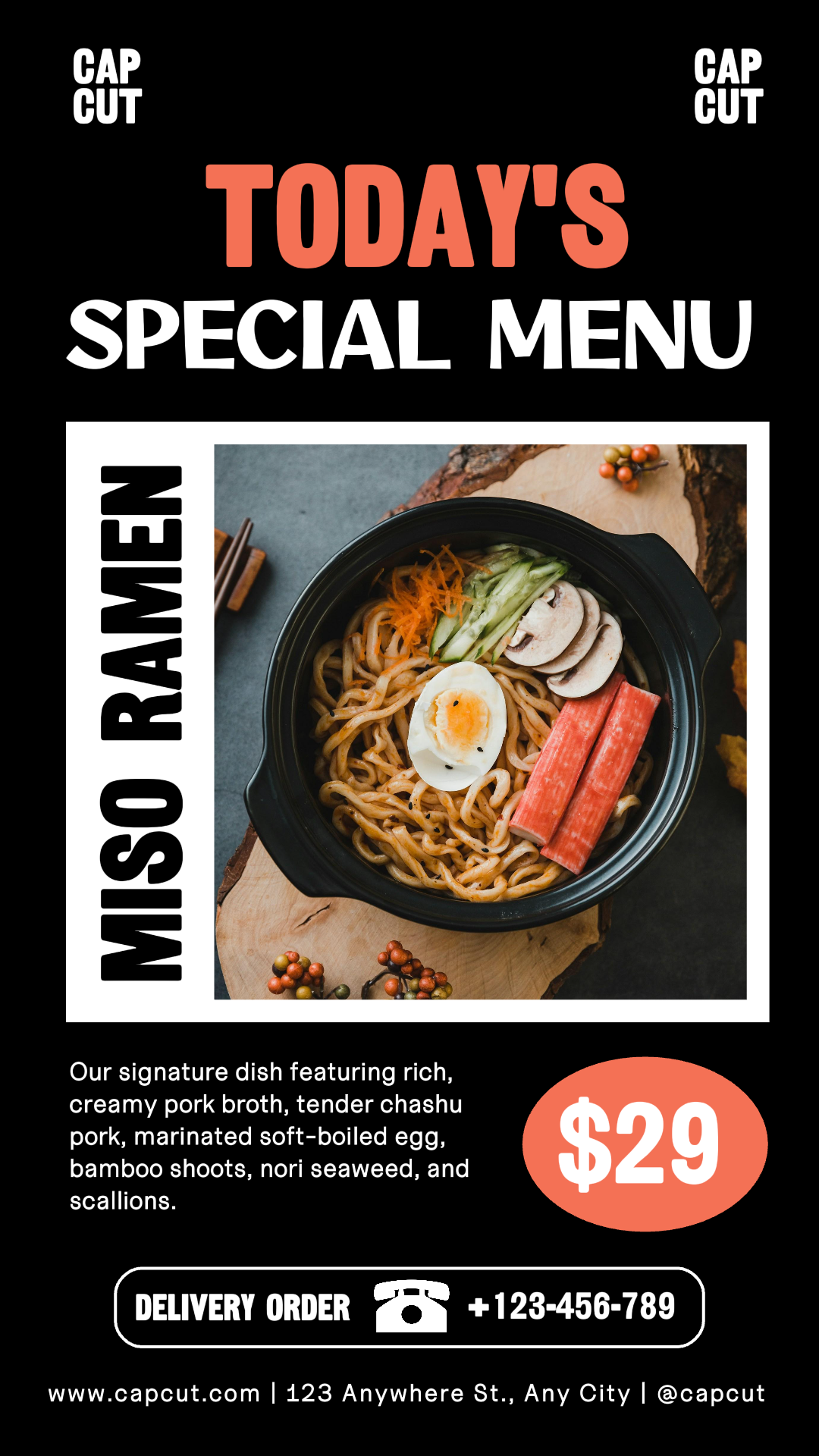 食品和饮料拉面今天的特别菜单显示Instagram故事黑色和红色