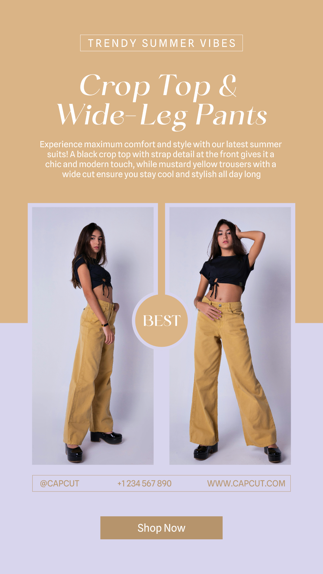 Pakaian dan sepatu - Poster Pemasaran Crop Top & Celana Kaki Lebar Tampilan Produk Instagram Story