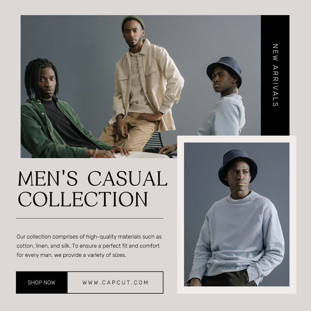 Cartel de marketing de ropa y zapatos colección casual de hombre publicación de instagram gris negro