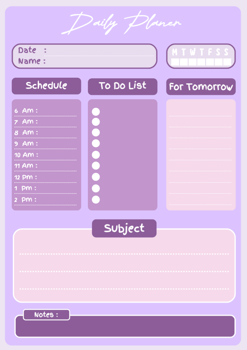 Non-marketing Planner & Schedule, Purple themed minimalist daily planner editable