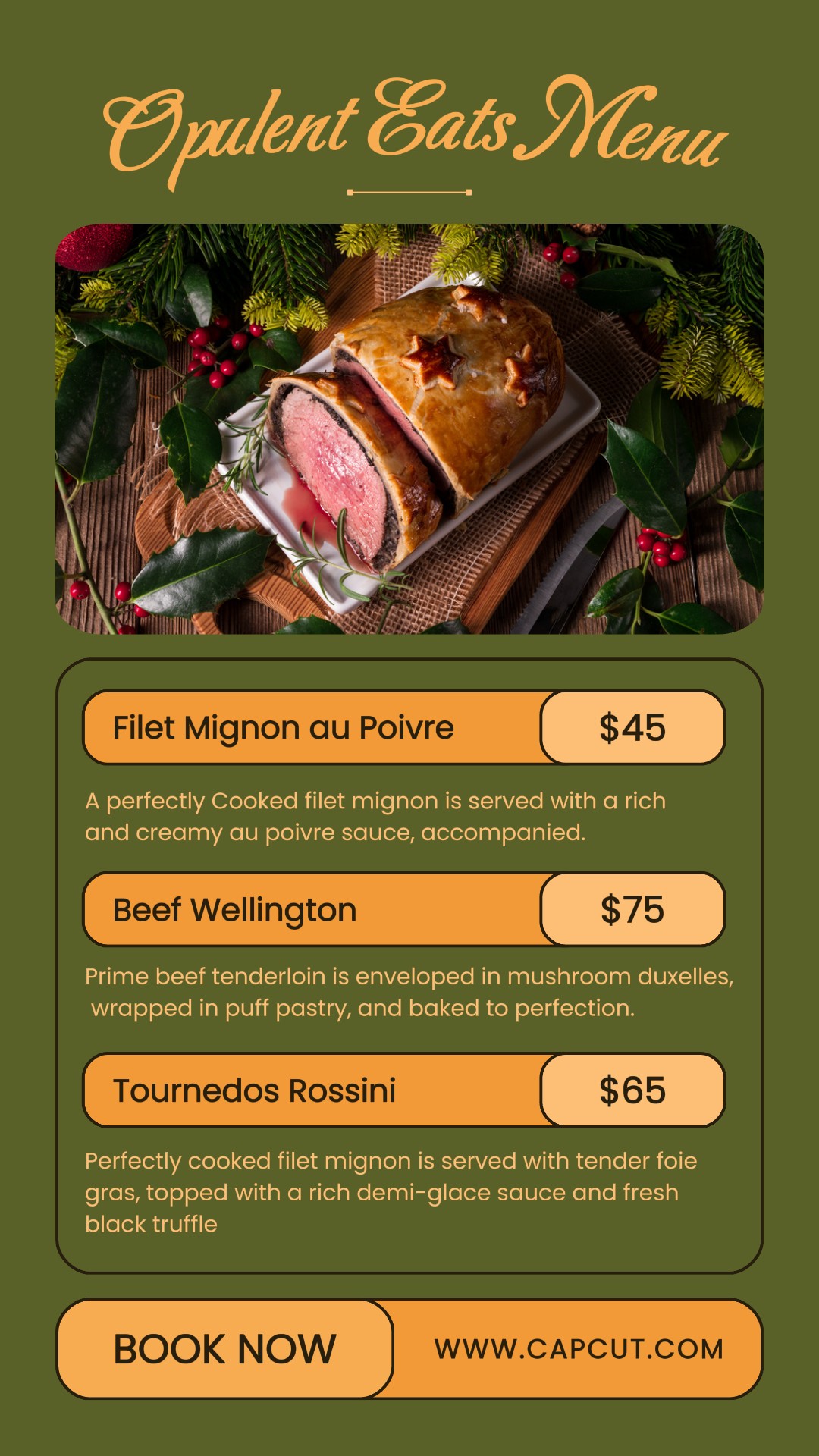 Olive Green Minimalist Fine Dining Menu Instagram Story