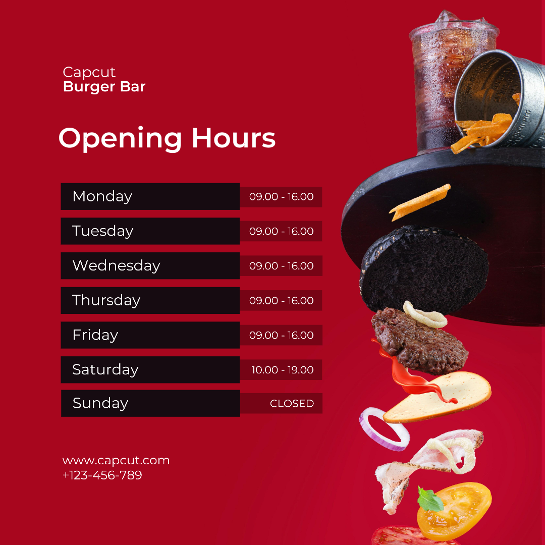 Cartel de marketing de negocios y oficinas Horario de apertura de publicación de Instagram Rojo