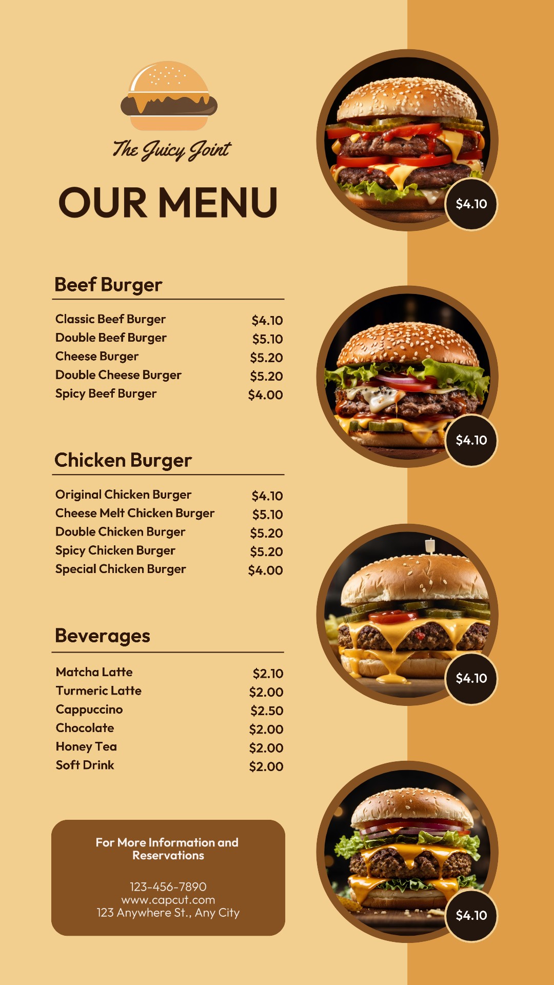 Essen & Getränke Burger Restaurant Menü