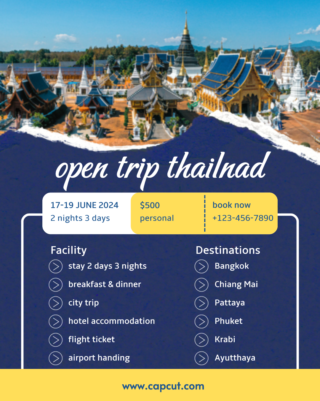 Promoción de la industria de viajes para instagram potrait viaje a Tailandia color azul, amarillo y blanco 